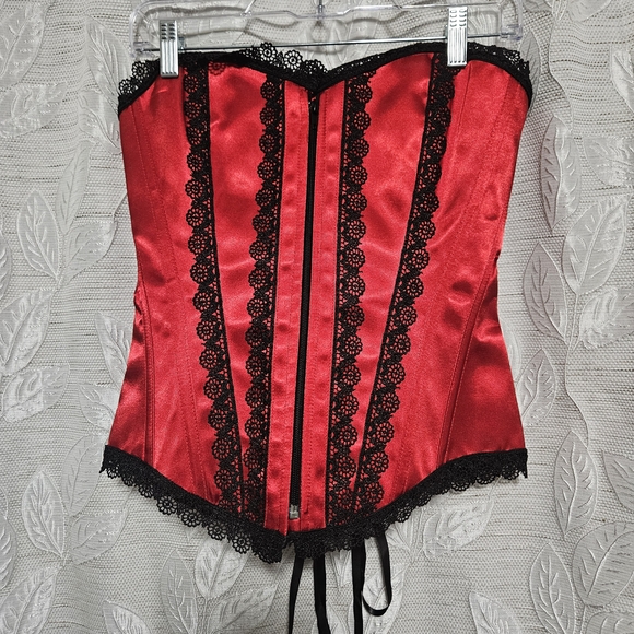 Elegant Red and Black Lace Corset With Zipper Front Lace Up Back Size Medium - Picture 1 of 9